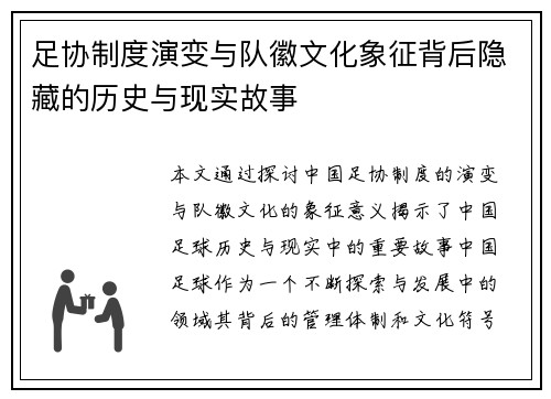 足协制度演变与队徽文化象征背后隐藏的历史与现实故事