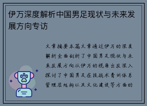 伊万深度解析中国男足现状与未来发展方向专访